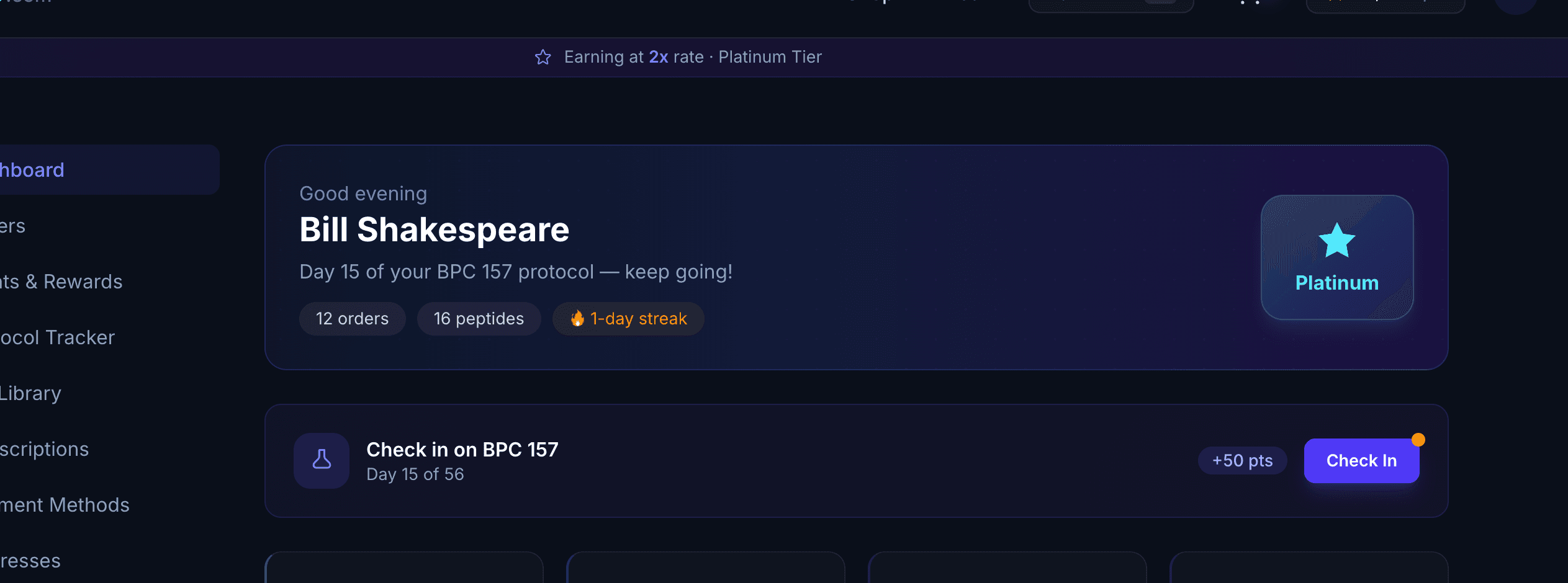 Research dashboard showing achievement badges, points balance, and protocol progress
