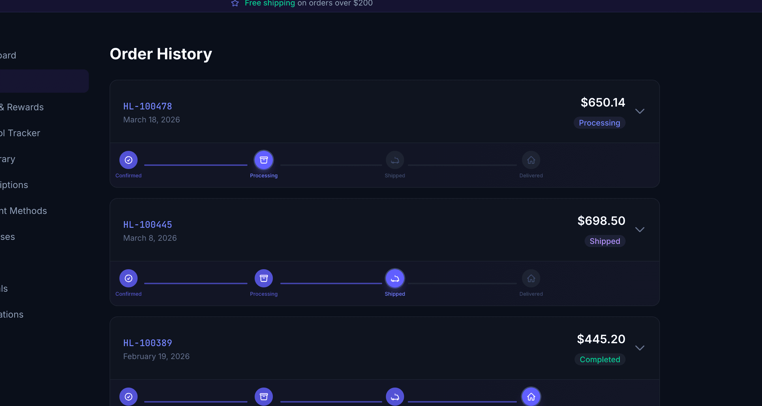 Order history showing visual stage trackers at Processing, Shipped, and Delivered stages