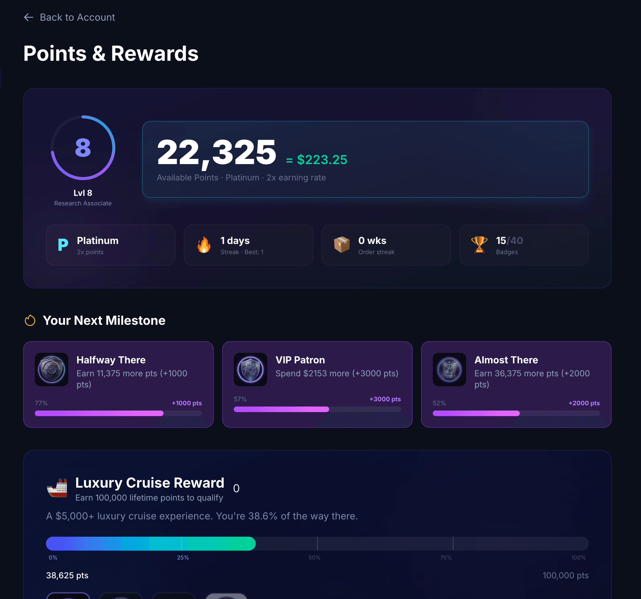 Points and rewards showing tier progression from Silver to Gold to Platinum with benefits