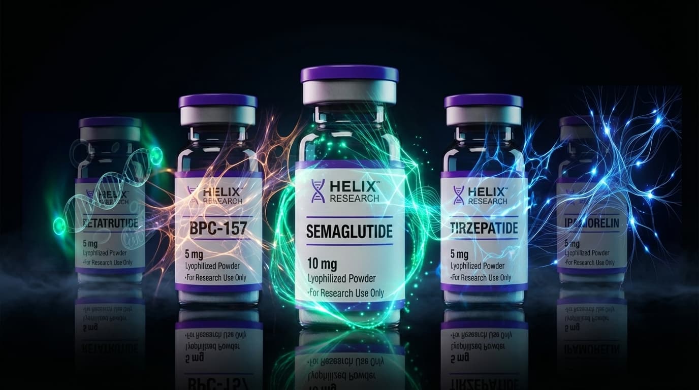 V-formation of premium Helix Research peptide vials with colorful category lighting