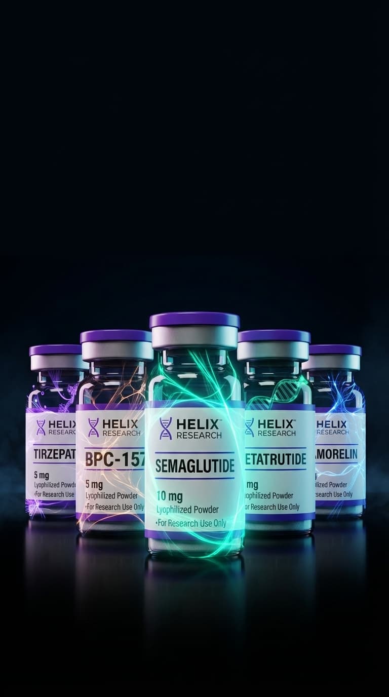 V-formation of premium Helix Research peptide vials with colorful category lighting
